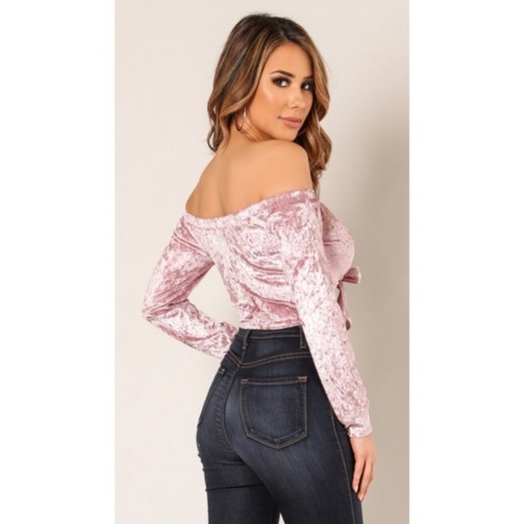 Pink Crushed Velvet Tie Front Crop Top NEW - Picture 5 of 7